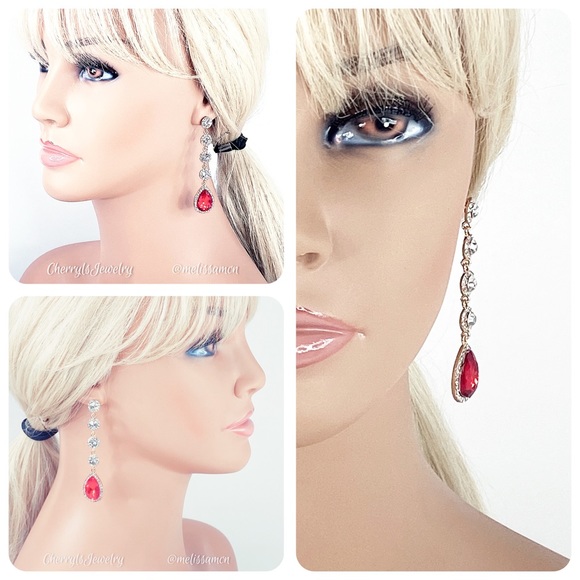 Long Red Crystal Rhinestone Occasion Earrings - Picture 5 of 5